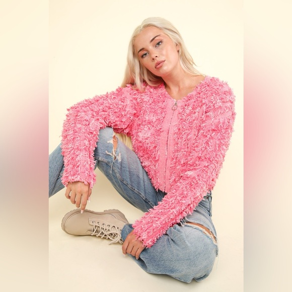 CLANE SHAGGY SHORT KNIT CARDIGAN ピンク クラネ CLANE BI COLOR